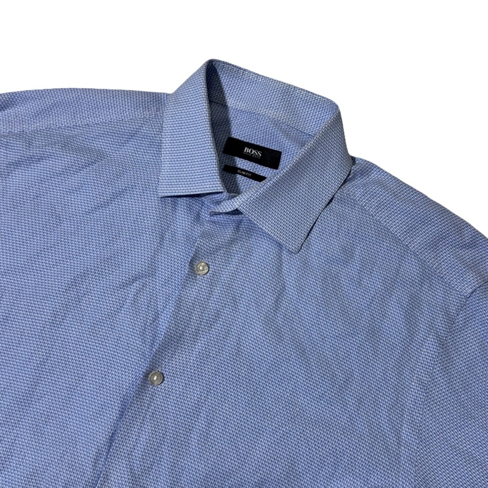 Hugo Boss mens 15.5 39 light blue geo textured slim fit lightweight dress shirt